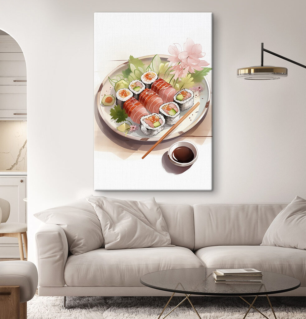 Plate of sushi with sauce and flowers