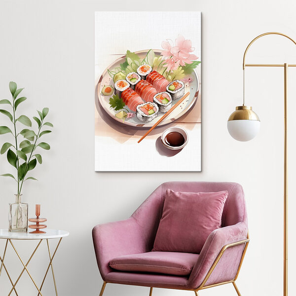 Tányér sushi mártással és virágokkal Tányér sushi mártással és virágokkal