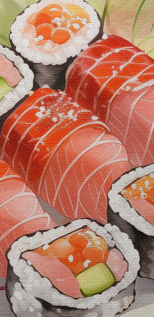 Plate of sushi with sauce and flowers