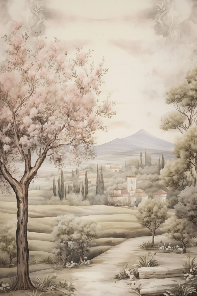 Painting of a landscape with trees and a building