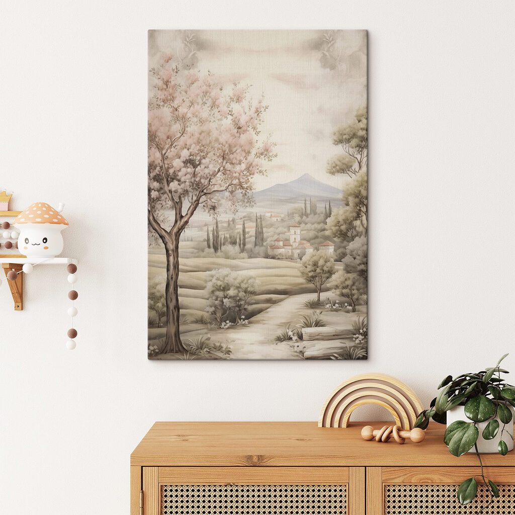 Painting of a landscape with trees and a building