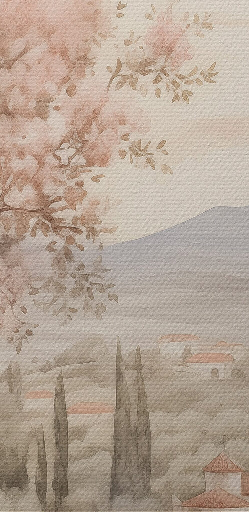 Painting of a landscape with trees and a building