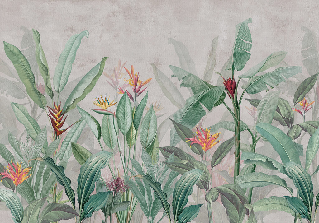 Wallpaper with a pattern of flowers and leaves