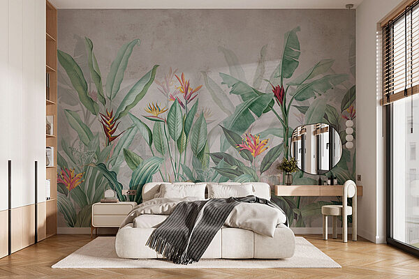 Wallpaper with a pattern of flowers and leaves