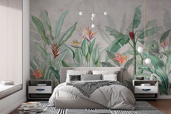 Wallpaper with a pattern of flowers and leaves