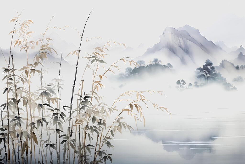 Painting of a landscape with a lake and mountains