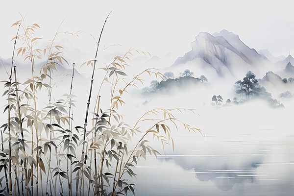 Painting of a landscape with a lake and mountains