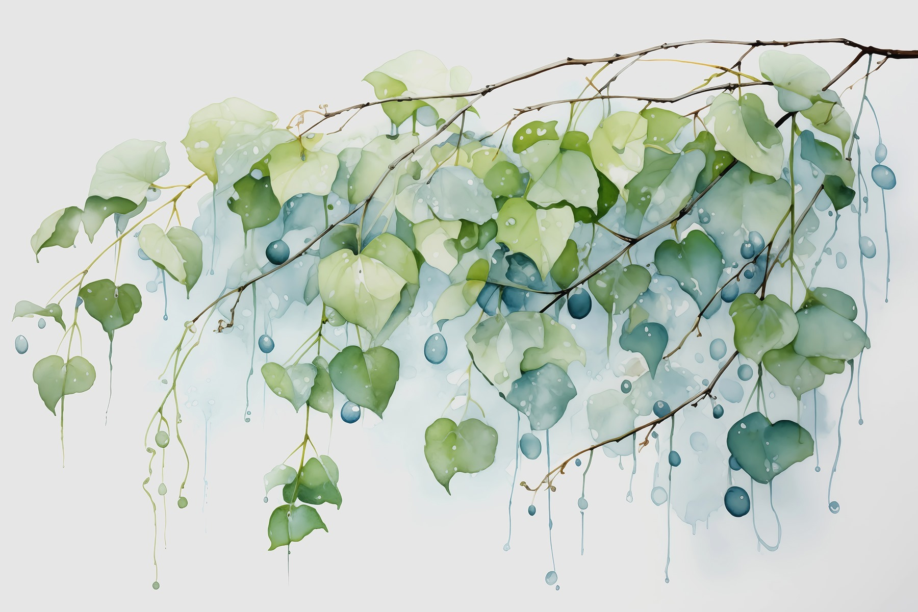 Watercolor painting of a branch with leaves and blue berries