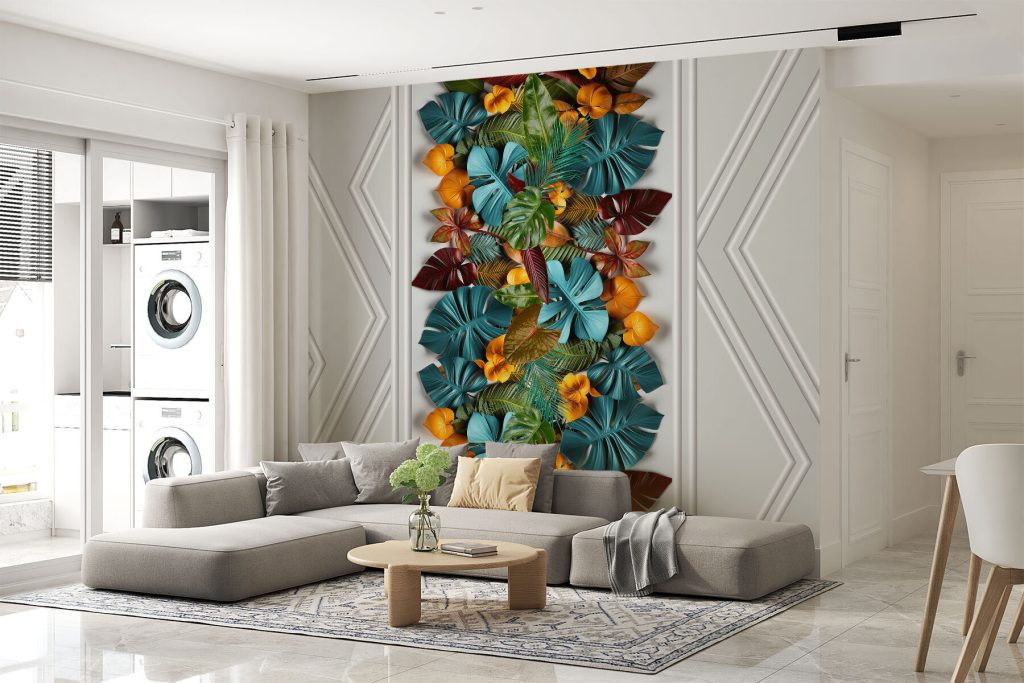 White door with colorful leaves White door with colorful leaves