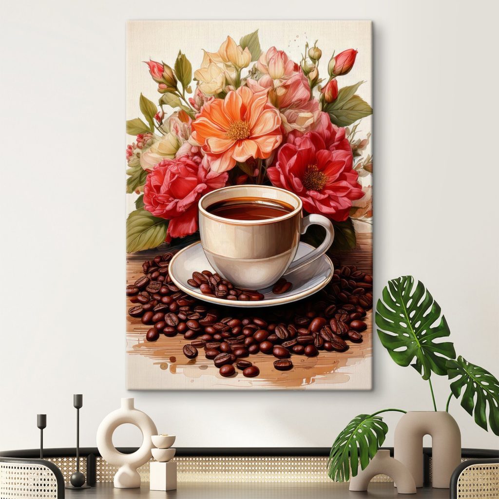 Cup of coffee and flowers