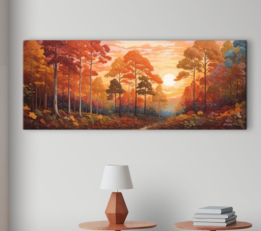 Festmény egy erdő fákkal és egy folyóval