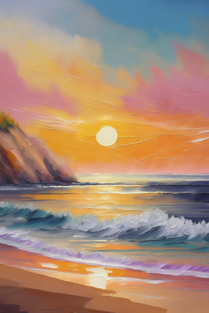 Painting of a beach with waves and hills