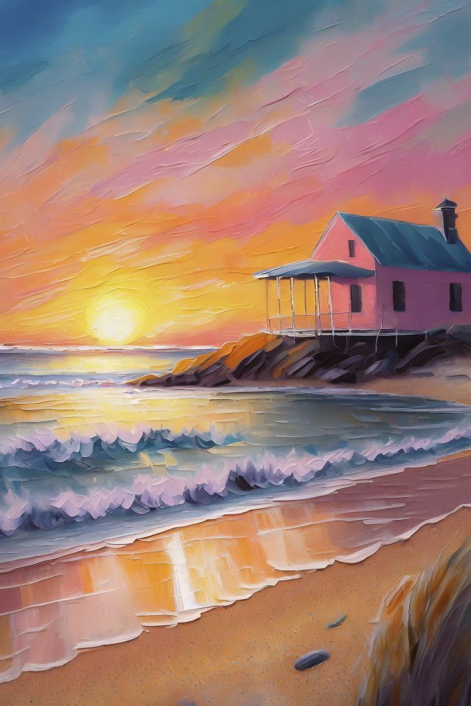 Painting of a house on a beach Painting of a house on a beach
