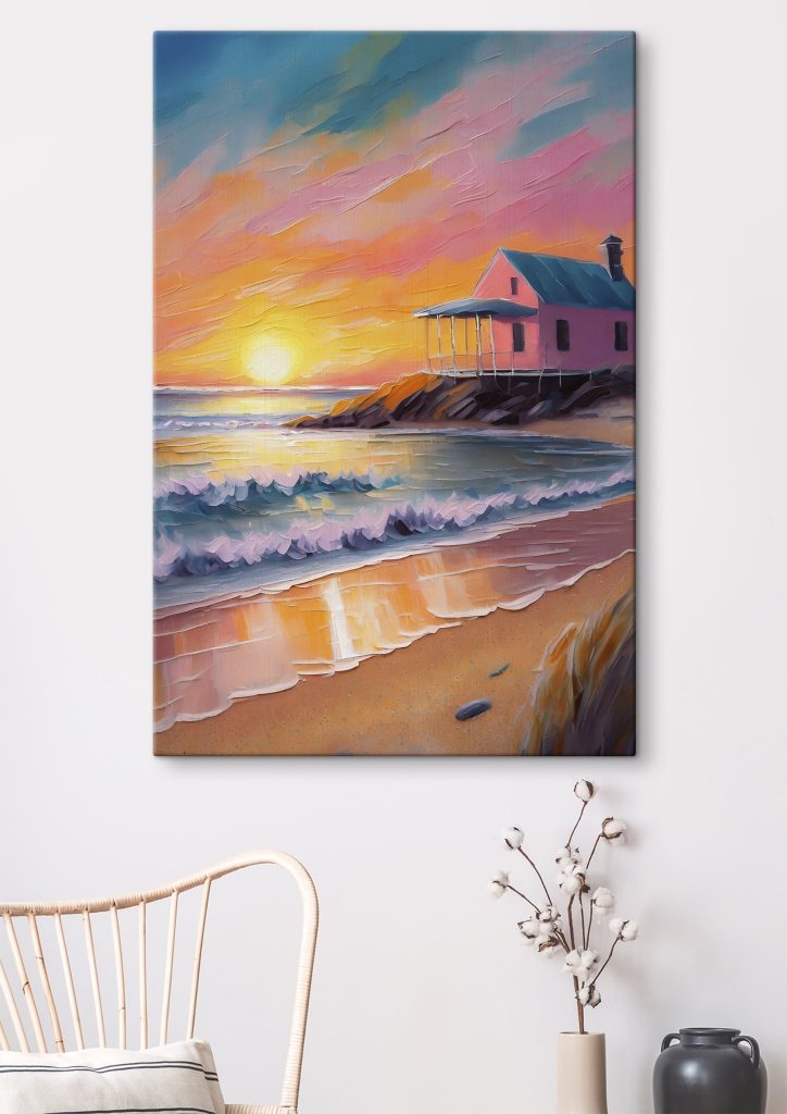 Painting of a house on a beach Painting of a house on a beach