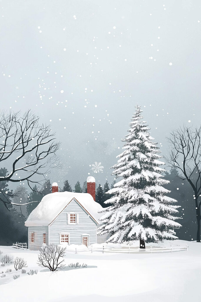 House with snow on the roof and a tree in the snow