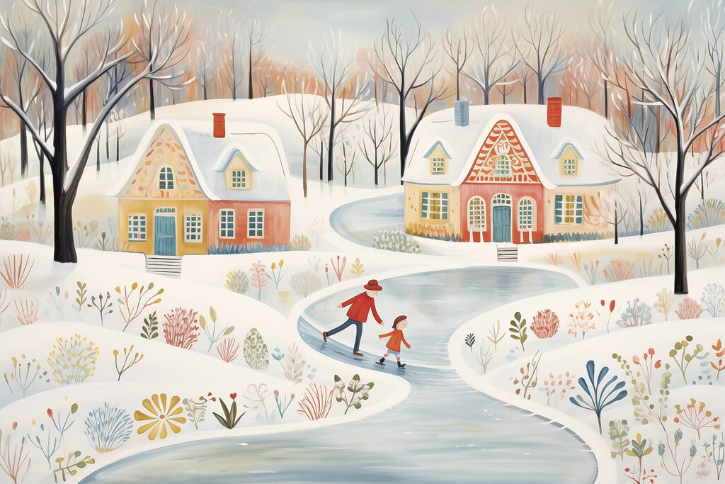 Painting of a couple of people skating on a snowy road