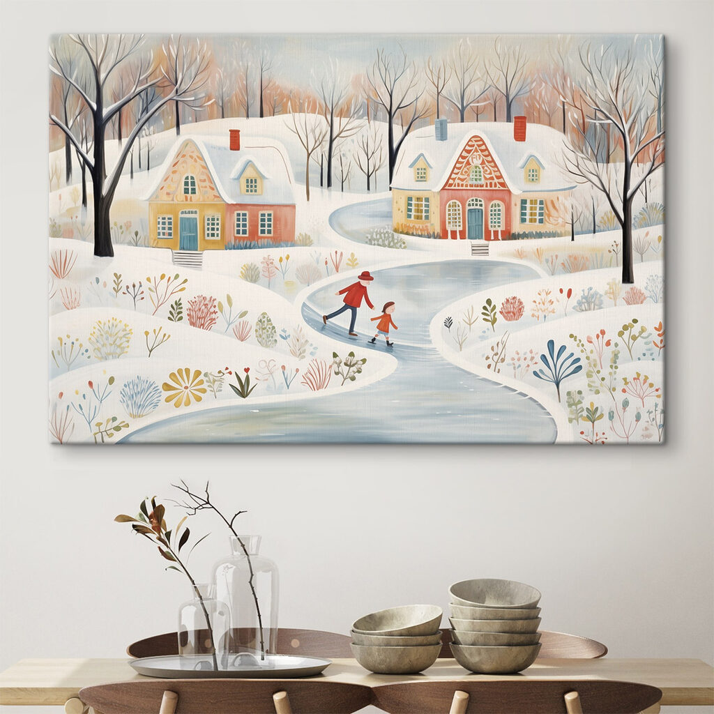 Painting of a couple of people skating on a snowy road