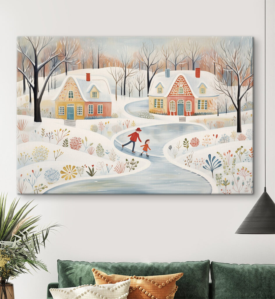 Painting of a couple of people skating on a snowy road