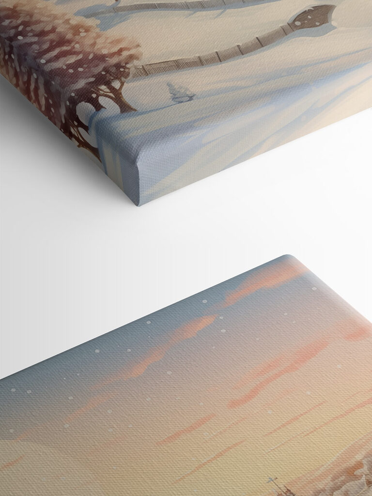 Snow covered village with trees and a fence Snow covered village with trees and a fence