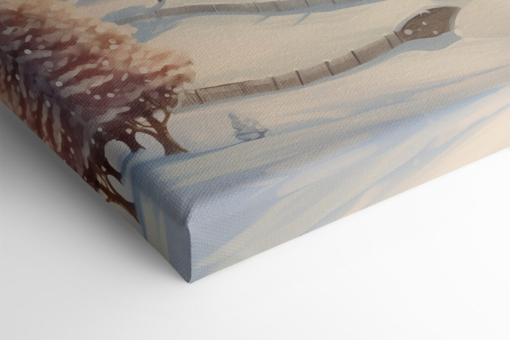 Snow covered village with trees and a fence Snow covered village with trees and a fence