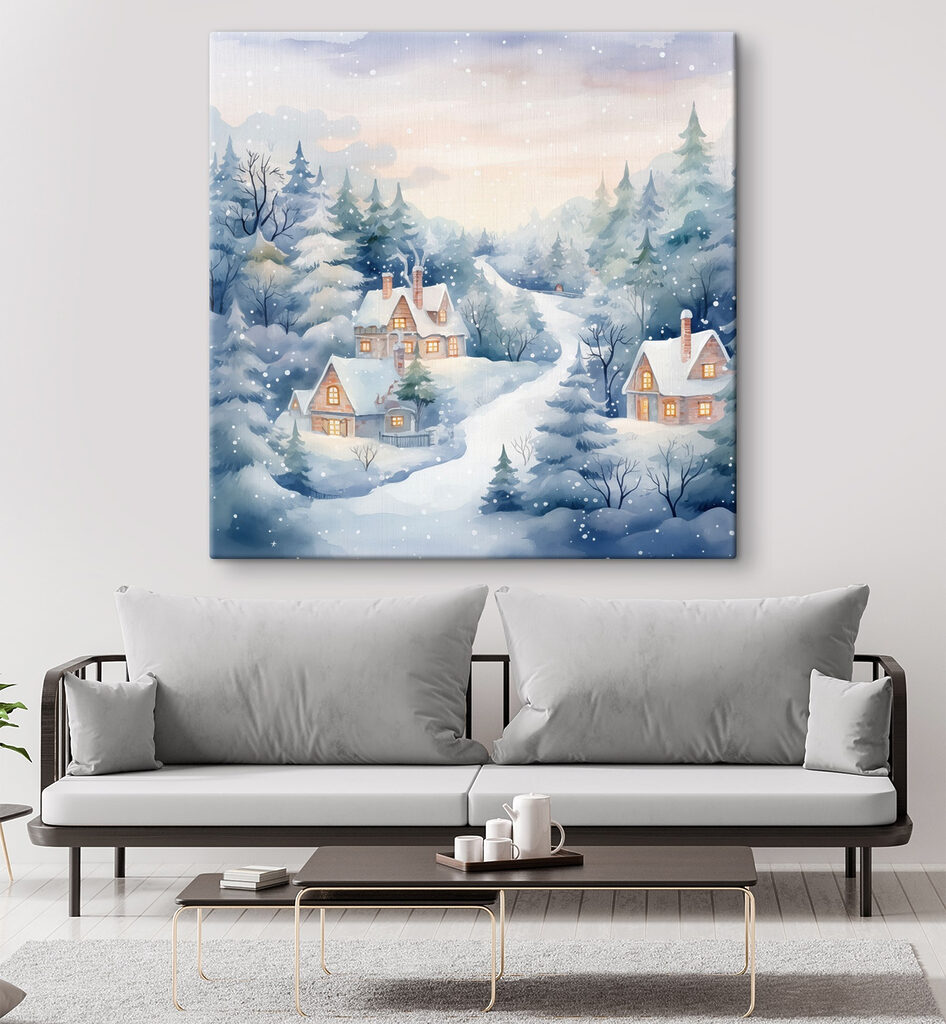 Painting of houses in a snowy forest