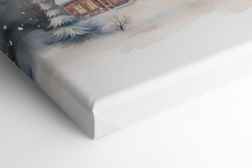 Watercolor painting of houses in a snowy forest