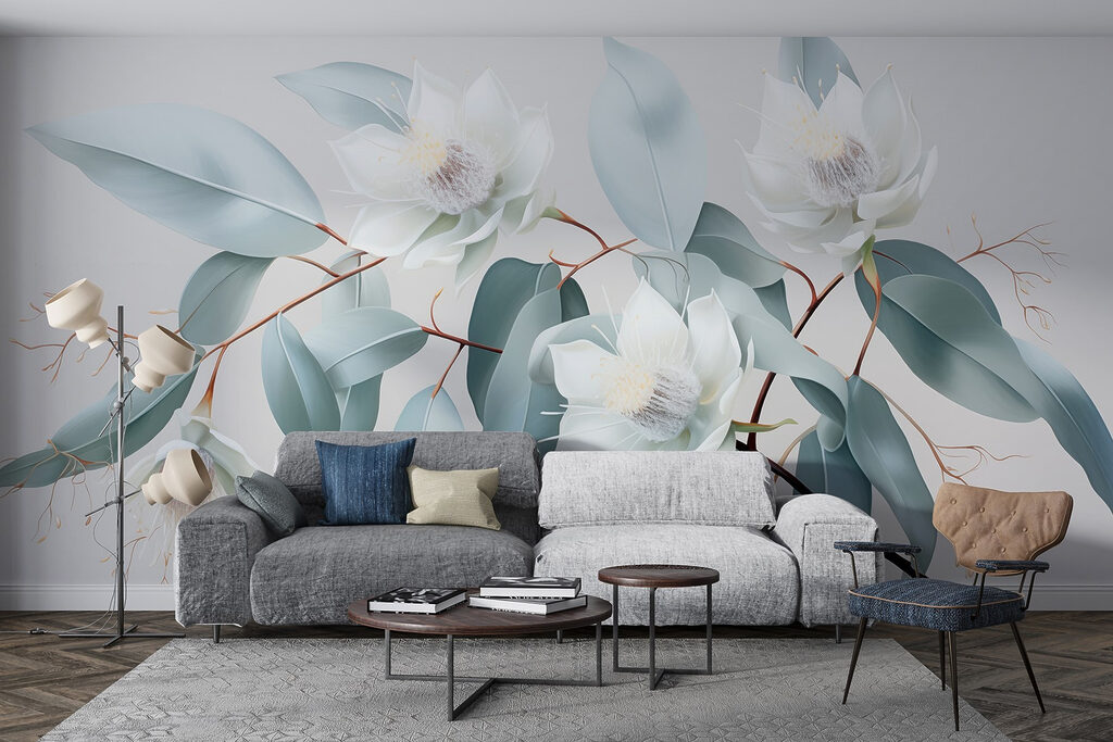 White flowers and leaves on a branch White flowers and leaves on a branch