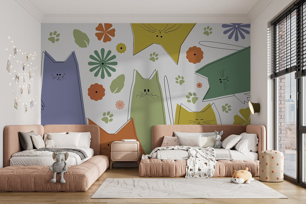 Group of cats with flowers and leaves