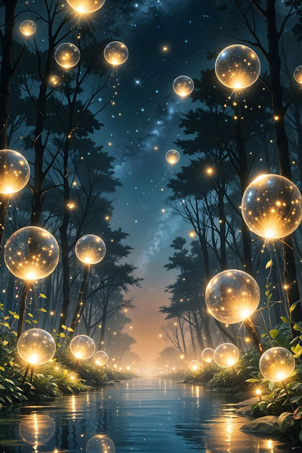 Glowing bubbles in a forest Glowing bubbles in a forest