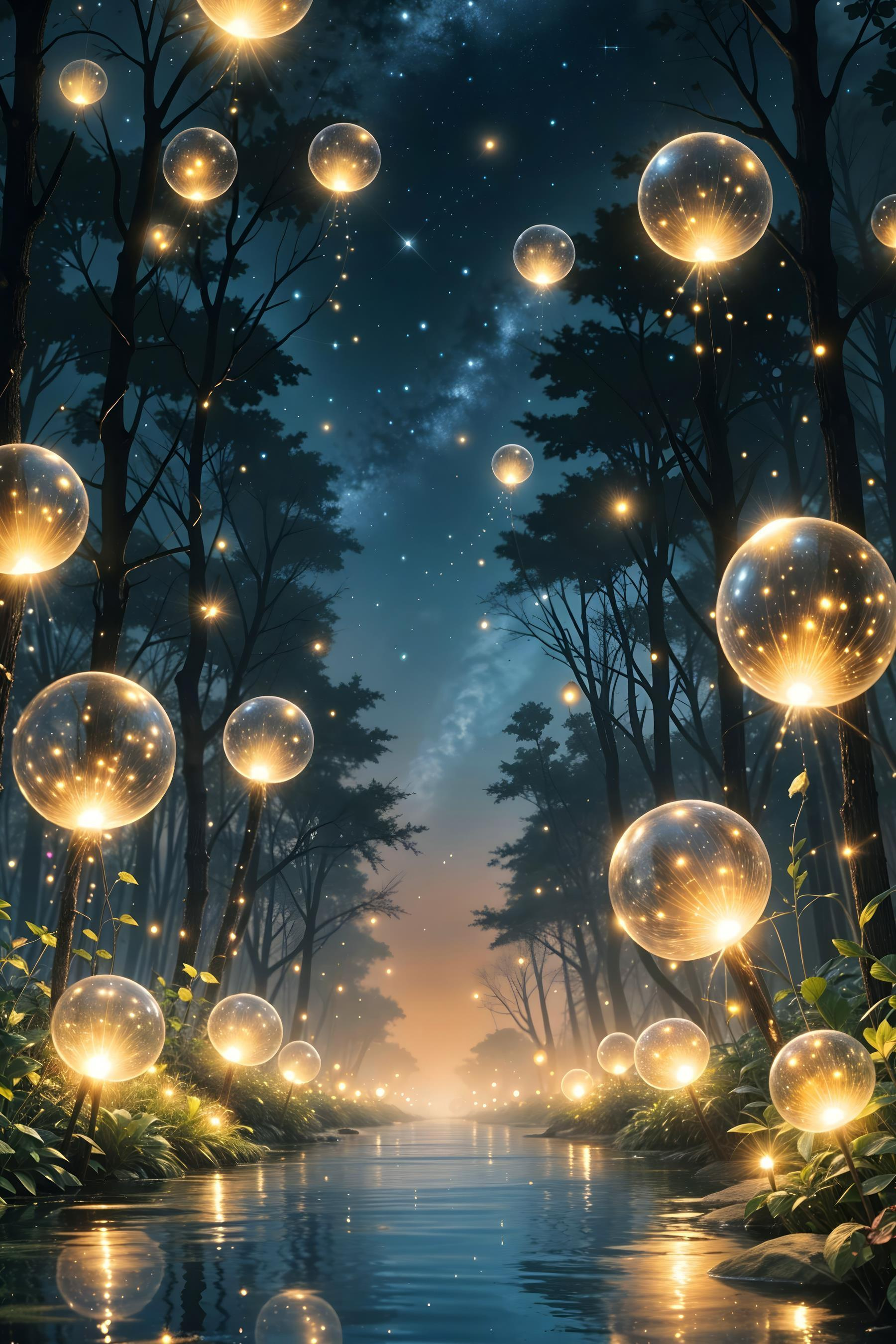 Glowing bubbles in a forest