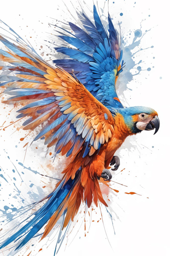 Colorful bird flying with paint splashes