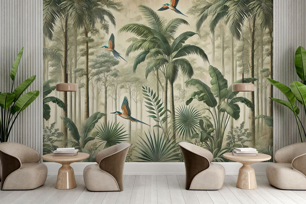 Mural of birds flying over a forest