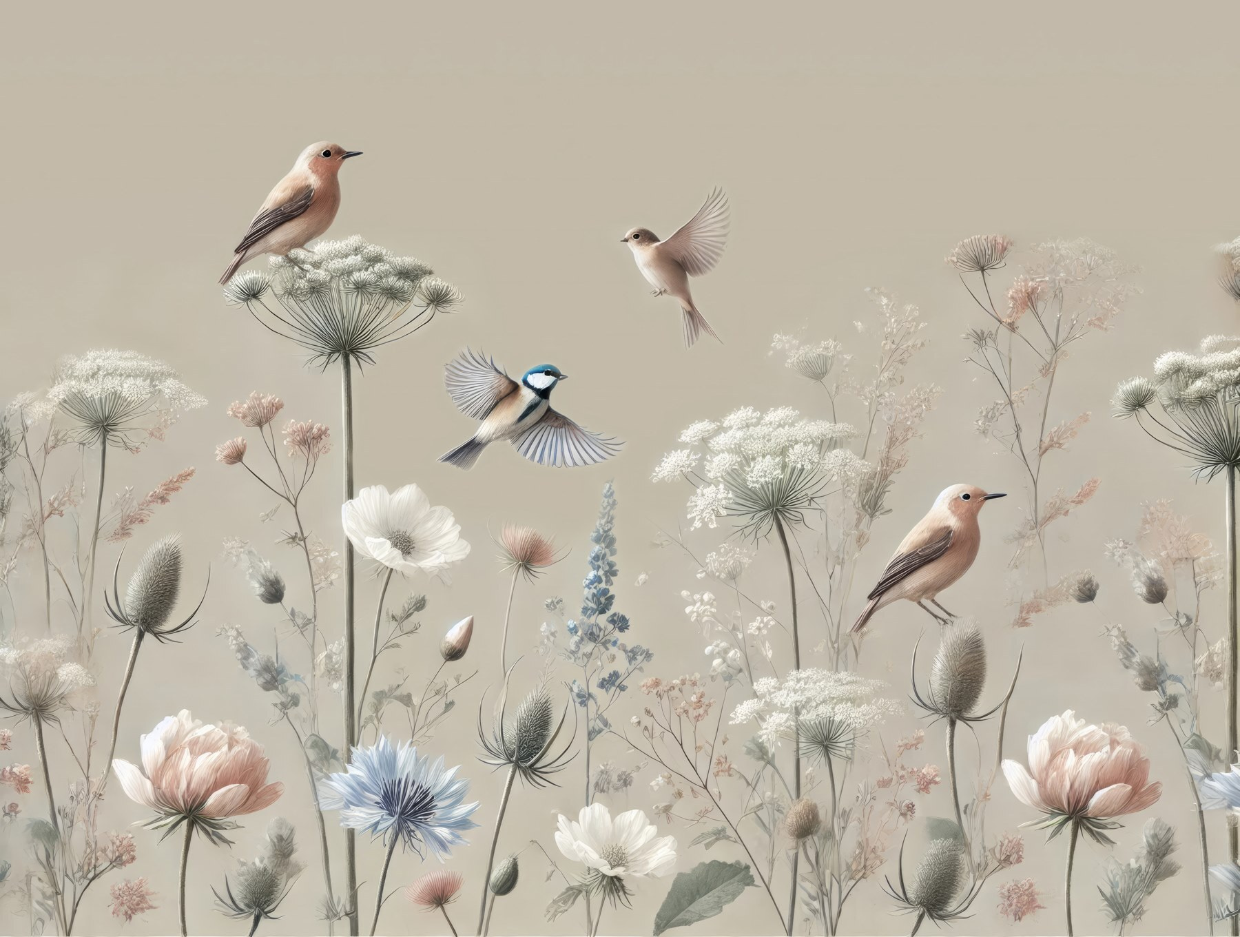Birds on flowers and plants