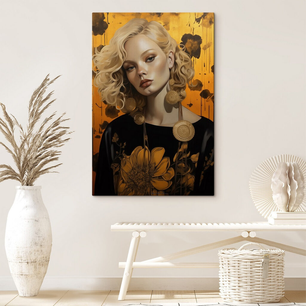 Woman with curly blonde hair and large earrings Woman with curly blonde hair and large earrings