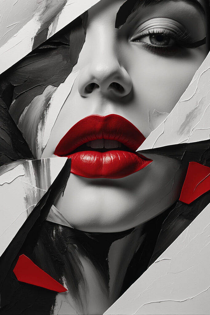 Red lips amidst abstract design