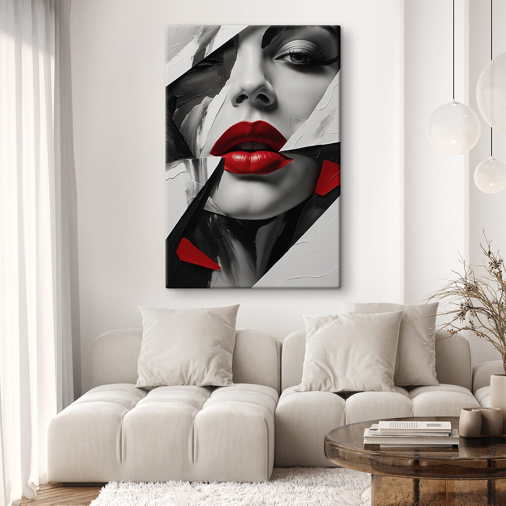 Red lips amidst abstract design