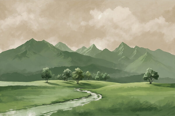River running through a valley with trees and mountains River running through a valley with trees and mountains