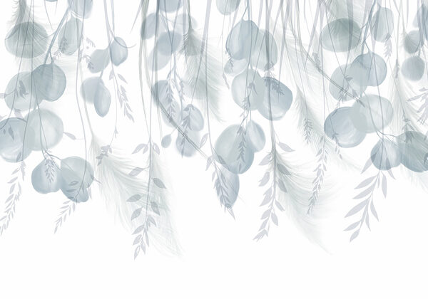 White and gray background with feathers and flowers