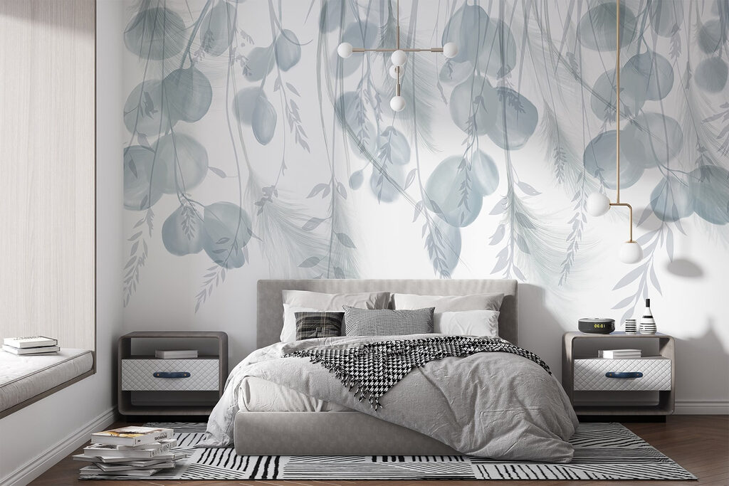 White and gray background with feathers and flowers
