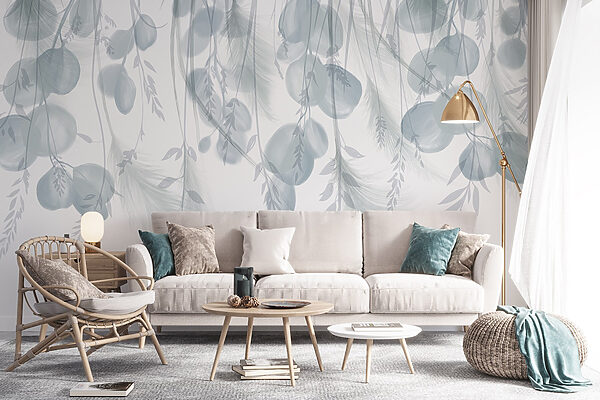 White and gray background with feathers and flowers