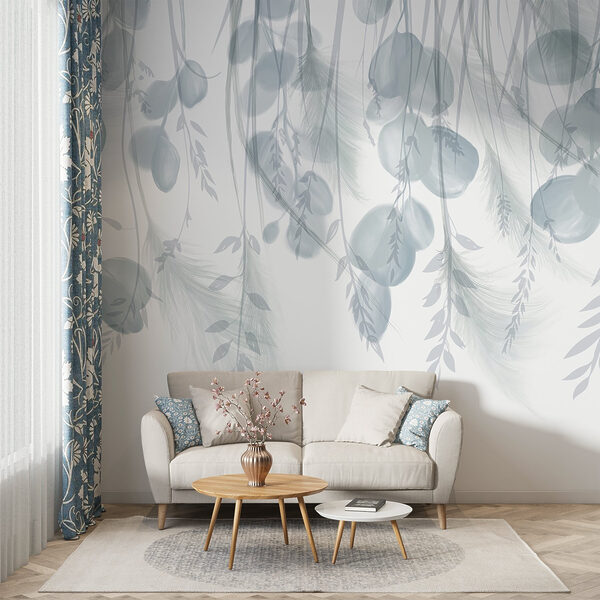 White and gray background with feathers and flowers