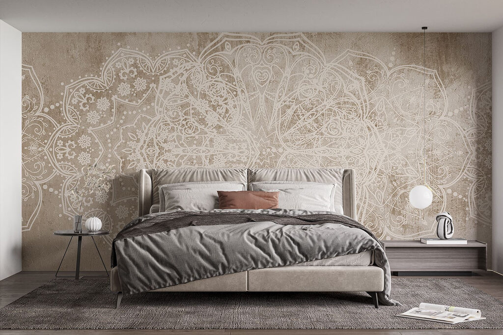 White ornate design on a brown surface