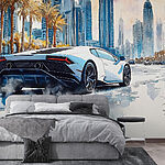 Fotótapéta Festmény egy fehér sportkocsi vezetés egy úton pálmafákkal