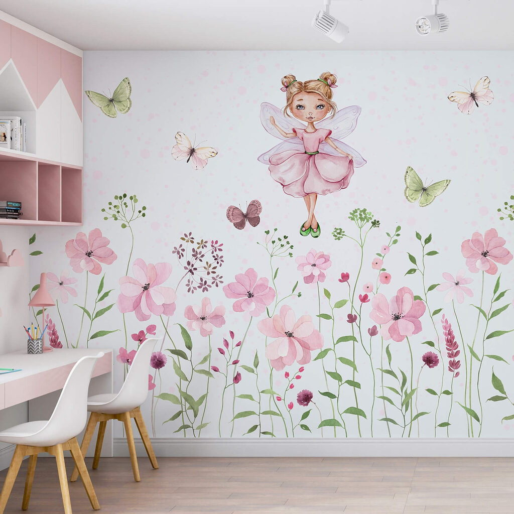 Watercolor of a fairy in a pink dress surrounded by flowers Watercolor of a fairy in a pink dress surrounded by flowers