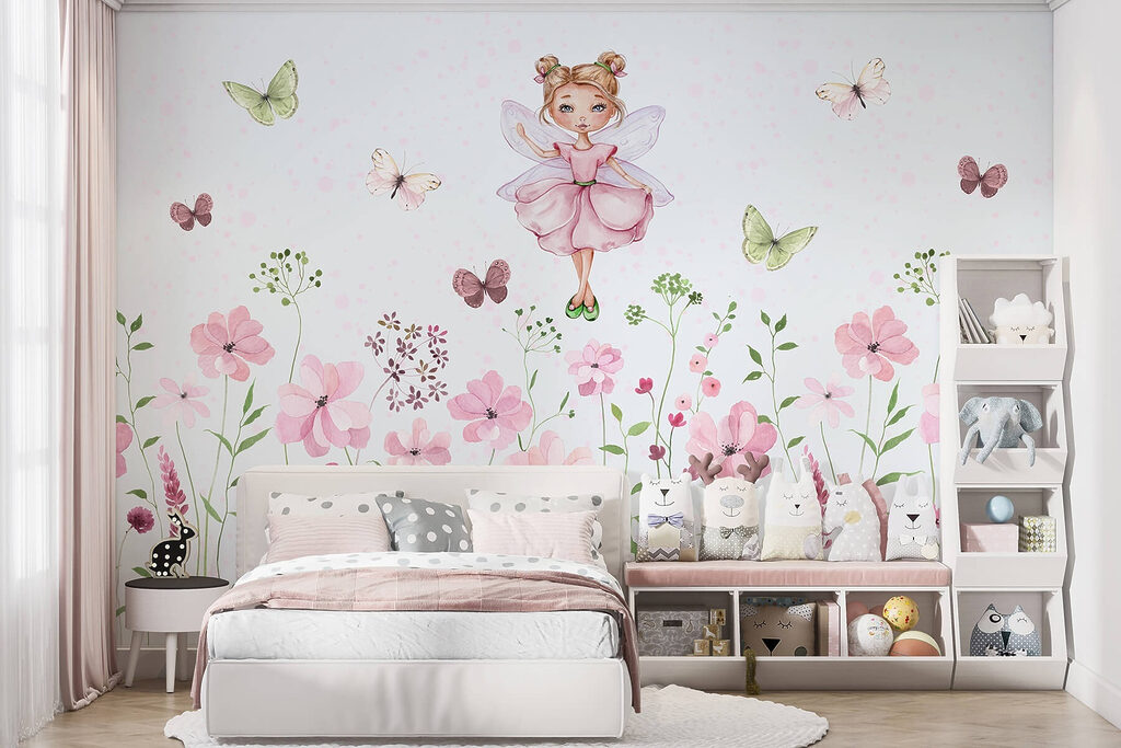 Watercolor of a fairy in a pink dress surrounded by flowers Watercolor of a fairy in a pink dress surrounded by flowers