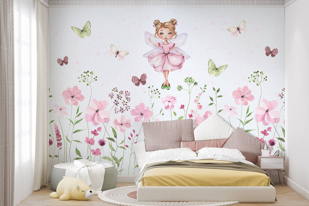 Watercolor of a fairy in a pink dress surrounded by flowers Watercolor of a fairy in a pink dress surrounded by flowers