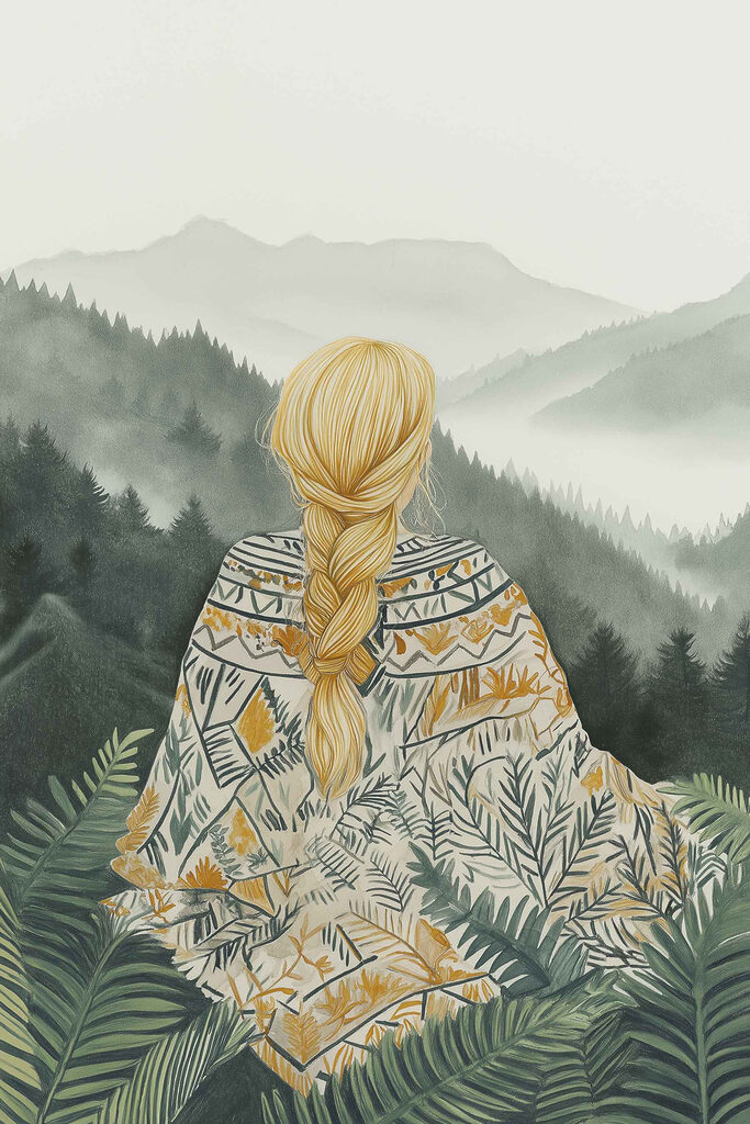 Woman sitting in a forest looking at mountains