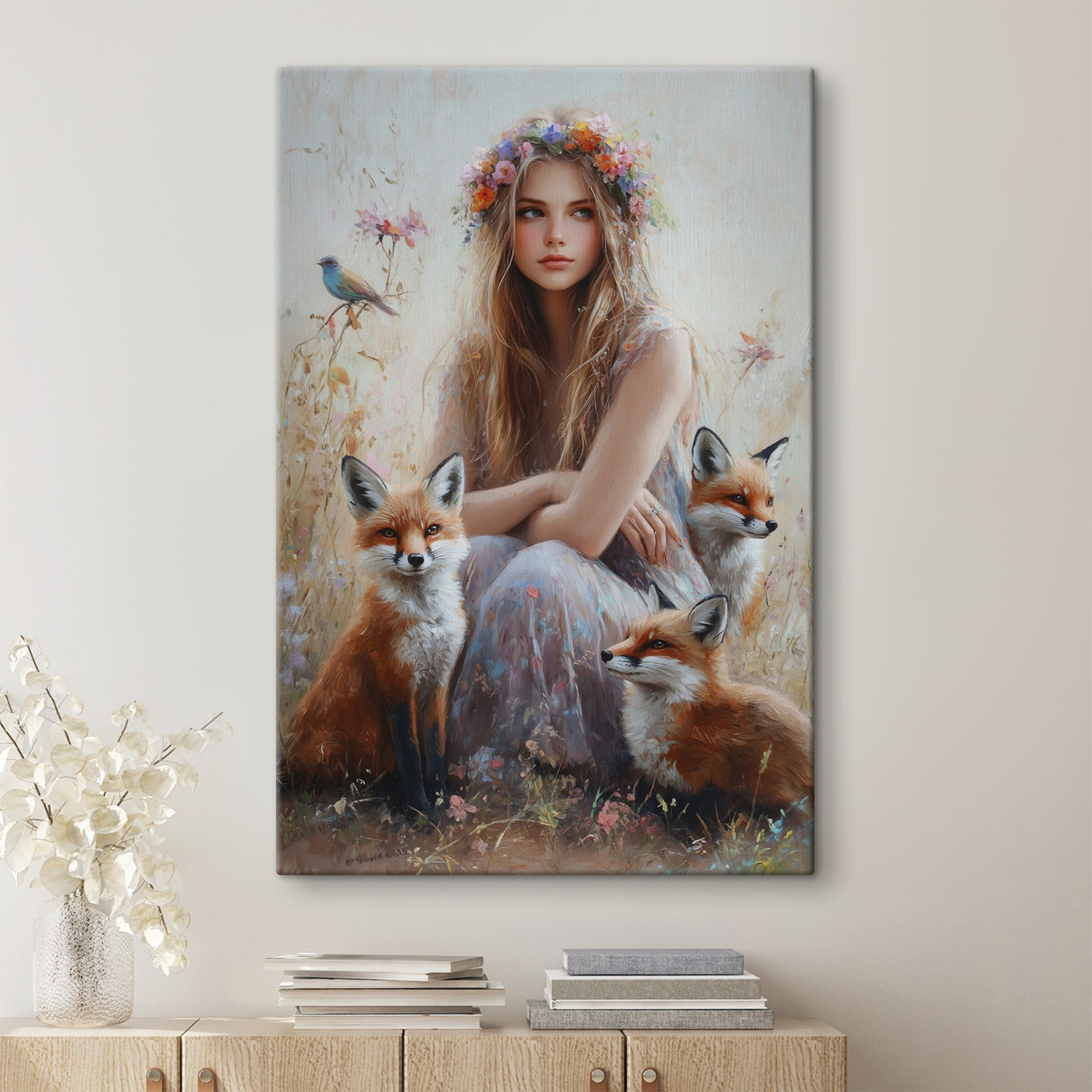 Painting of a woman with foxes