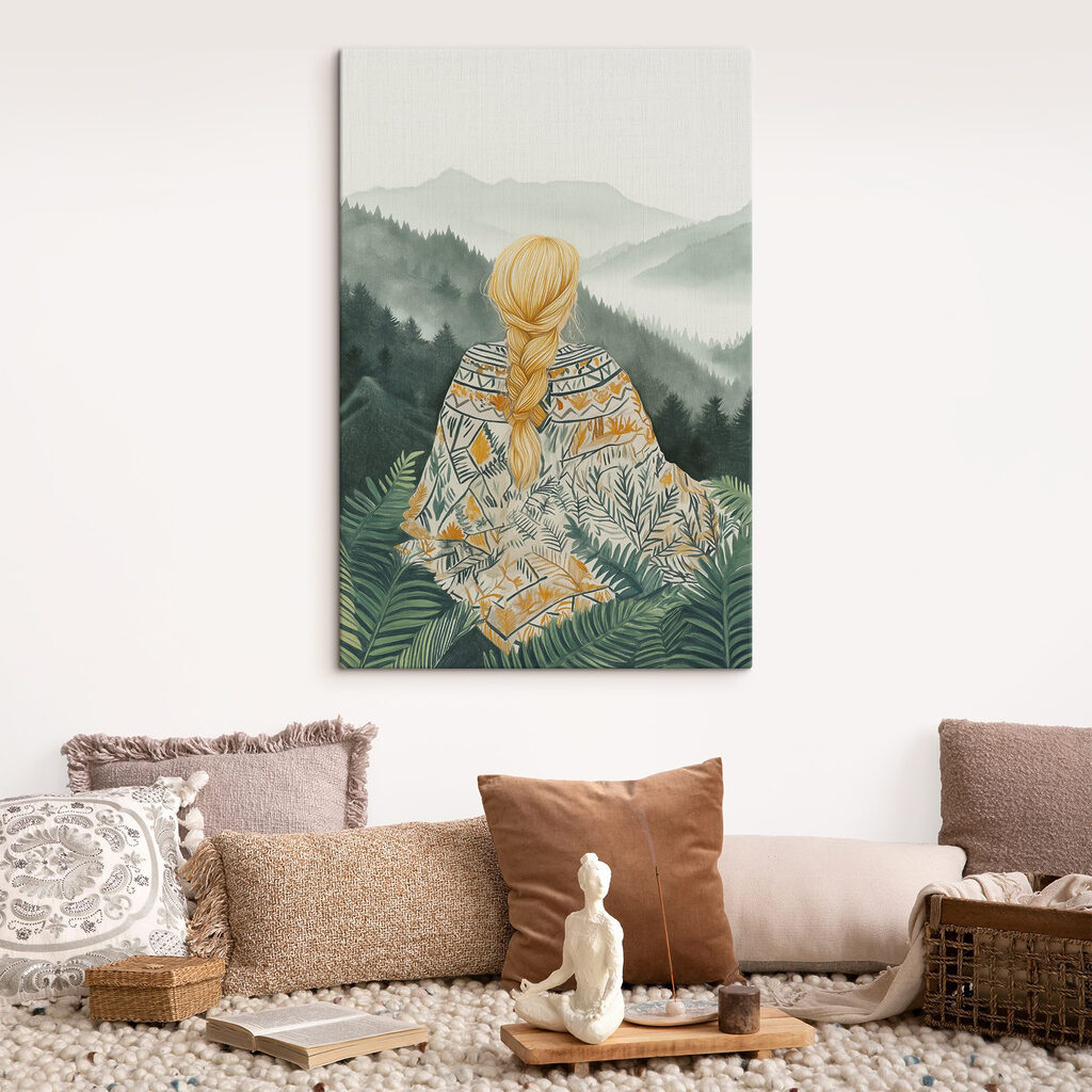Woman sitting in a forest looking at mountains