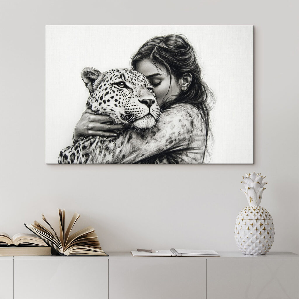 Drawing of a woman hugging a leopard